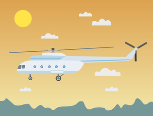 Flying a helicopter in the night sky over the mountains. Vector illustration.