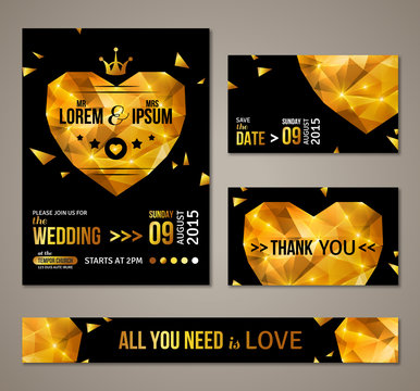 Set of wedding cards with gold heart