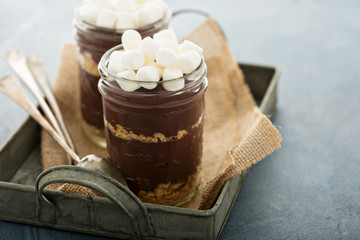 Smores chocolate pudding in a jar