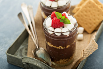 Smores chocolate pudding in a jar