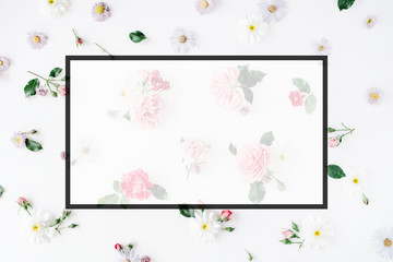 floral frame pattern with roses on white background. flat lay, top view