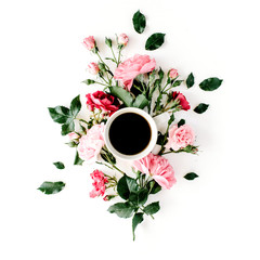 Cup of coffee with pink roses and flowers. Flat lay, top view