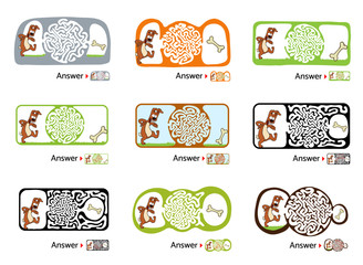 Set of maze puzzle for kids with dog and bone. Labyrinth illustration, solution included.