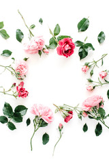 round frame wreath pattern with roses, pink flower buds, branches and leaves isolated on white background. flat lay, top view