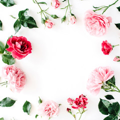 round frame wreath pattern with roses, pink flower buds, branches and leaves isolated on white background. flat lay, top view