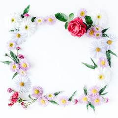 round frame wreath pattern with roses, pink flower buds, branches and leaves isolated on white background. flat lay, top view