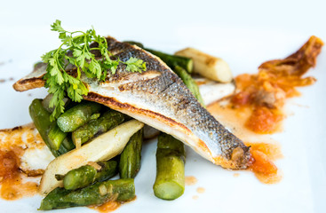 grilled seafood and vegetables-french cuisine dish with many veg
