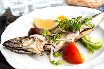 grilled seafood and vegetables-french cuisine dish with many veg