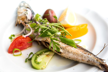 grilled seafood and vegetables-french cuisine dish with many veg