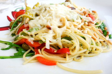 tasty pasta with roast ham on the table