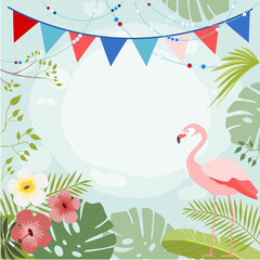 Exotic floral vector background with a flamingo and flags, vector illustration, summer background