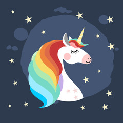 Head of a unicorn with rainbow mane and stars in the background, vector illustration