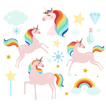 Unicorn fairy magic collection, isolated vector objects, flat design