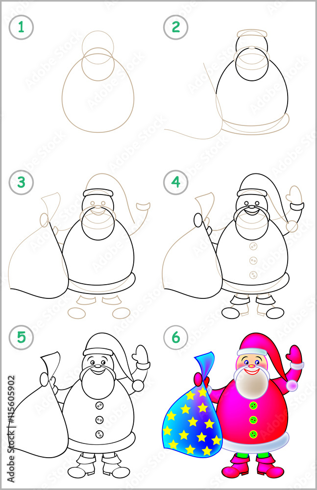 Wall mural page shows how to learn step by step to draw santa claus. developing children skills for drawing and