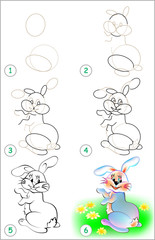 Naklejka premium Page shows how to learn step by step to draw a rabbit. Developing children skills for drawing and coloring. Vector image.