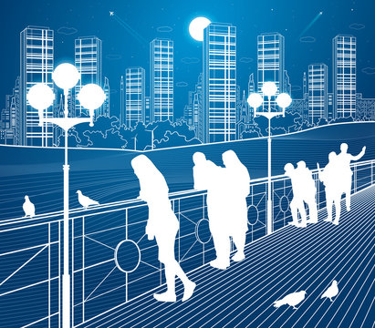 City scene, people watching from the bridge to the city's skyline, street life, night town in background, vector design art