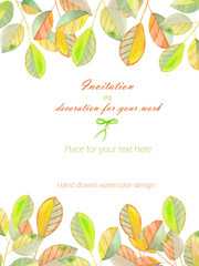 Background, template postcard with a floral ornament of the watercolor green and yellow leaves and branches, hand drawn in a pastel on a white background