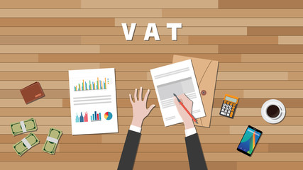 vat value added tax with businessman hand write a graph and text on work desk vector graphic