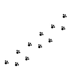 Dog cat paw print track diagonal. Black footprint set. White background. Isolated. Flat design.