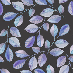 Seamless pattern with the watercolor branches with blue leaves, hand painted isolated on a dark background