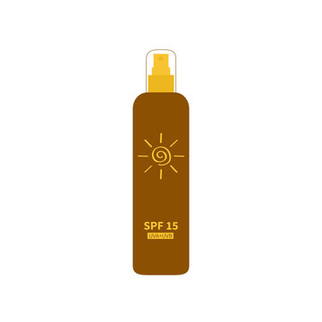 Tube of sunscreen suntan oil cream. After sun lotion. Bottle spray. Solar defence. Spiral sun sign symbol icon. SPF 15 sun protection factor. UVA UVB sunscreen. Isolated. White background. Flat