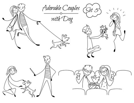 Set of coloring couples in the sketch style. Couples playing with their dog, sitting at the cinema. Boyfriend with girlfriend in love. hand drawn Vector illustration