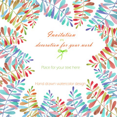 Background, template postcard with a floral ornament of the watercolor multicolored leaves and branches, hand drawn in a pastel on a white background