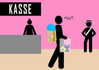 Illustration Ladendiebstahl; Kriminalität;  Geschäft; Straftat; klauen; Detektiv; Kasse; stehlen