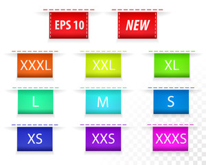 Clothing size labels color. Vector.