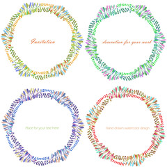 Wreathes, circle frames with the watercolor branches with leaves, hand drawn on a white background, background for your card and work