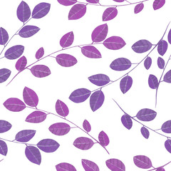 Seamless pattern with the watercolor branches with purple leaves, hand painted isolated on a white background