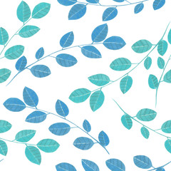 Seamless pattern with the watercolor branches with blue leaves, hand painted isolated on a white background