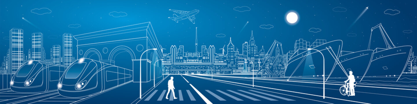 Mega infrastructure city panorama, train railway station, urban scene, industrial and transportation illustration, night town, airplane flying, cargo port, ships on the water, vector design art