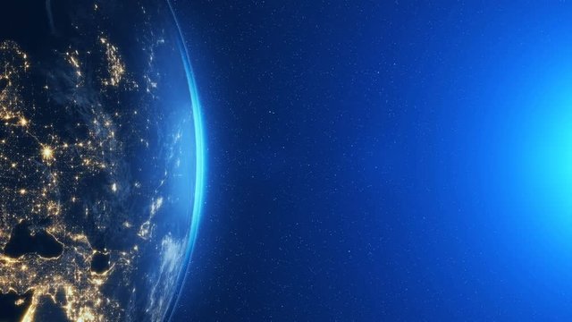Highly detailed epic moonlight world skyline. Planet earth Europe zone with night time city. 3D Rendering animation using satellite imagery (NASA)