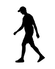 Silhouette of walking young man. Black on white