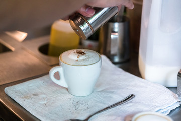 Espresso machine pouring fresh coffee into cups at restaurant. Coffee automatic machine making coffee
