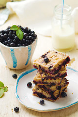 Blueberry cake and bottle of milk .