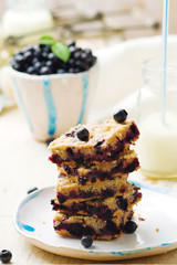Blueberry cake and bottle of milk .