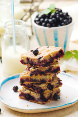 Blueberry cake and bottle of milk .