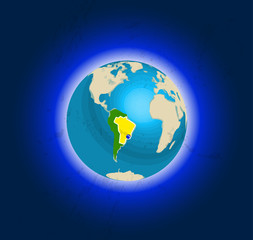 Stylized Globe in space, views of South America, accented Brazil. Rio de Janeiro location marked. The planet is surrounded by the atmosphere and the dark blue space