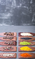 Various spices, herb,  spicy and sweet pepper, anise, sesame, coriander, wooden blades on a dark table.