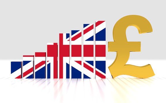 Growth bar graph of british pound. 3D rendering.