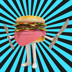 hamburger carachter with black and blue background, 3d rendering
