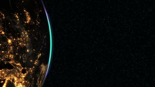 Highly detailed epic sunrise world skyline. Planet earth Europe zone with night time city. 3D Rendering animation using satellite imagery (NASA)