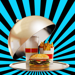 Luxury fast food meal with black and blue background, 3d renderi