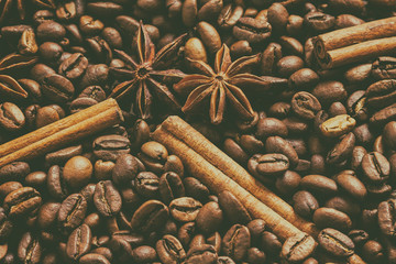 Coffee Beans. The effect of film grain. Cinnamon and star anise.
