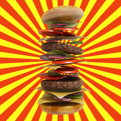 dynamic hamburger with red and yellow background, 3d rendering