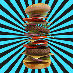dynamic hamburger with white and black background, 3d rendering