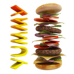 dynamic hamburger with white background and yummy text, 3d rende