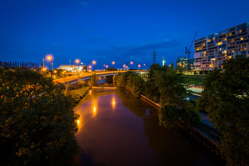 Fototapeta na wymiar The Lower Don River at night, in Toronto, Ontario.